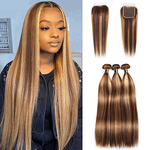Brazilian Highlighted Straight Human Hair Bundles With Closure